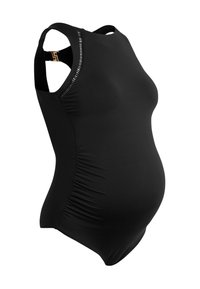Schwarze Schwangerschaftsbadebekleidung mit hohem Ausschnitt, Racerback-Design und seitlicher Raffung für zusätzlichen Komfort. Verfügt über verstellbare Hardware an den Trägern.