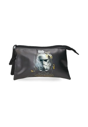 Bolsa rectangular negra con cremallera que presenta un casco de Stormtrooper y el logo de Star Wars con elementos de diseño futurista en amarillo.