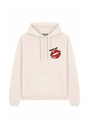 Felpa color crema con tasca frontale, cappuccio con cordino e grafica di labbra rosse con il testo "FRENCH KISS" ricamato sul petto.