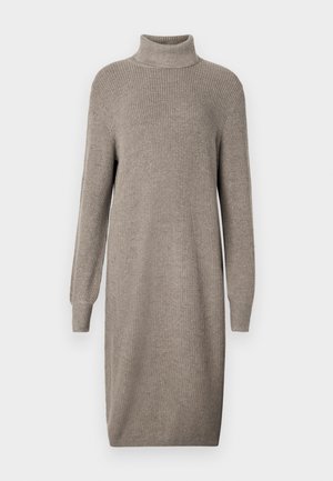Knit turtleneck dress in a light taupe color, featuring long sleeves and a relaxed fit. Texture is ribbed, with a midi length.