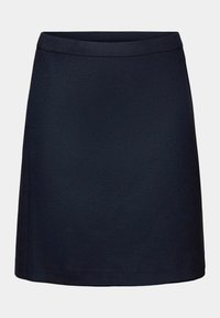 Jupe trapèze bleu marine avec une texture lisse, une ceinture ajustée et une longueur au-dessus du genou. Pas de motifs ni de ferrures visibles.