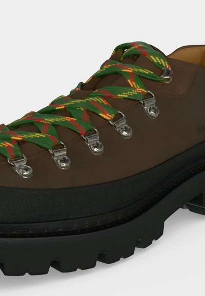 Chaussure de randonnée marron avec une semelle noire épaisse et des lacets à motifs verts, jaunes et rouges passés dans des œillets argentés.