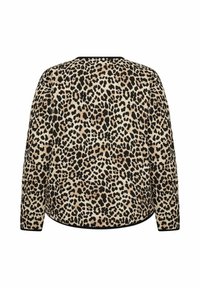 Pulover cu imprimeu leopard, cu o textură moale, având o paletă de culori bej și negru, decolteu rotund și mâneci lungi.