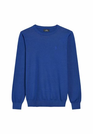 Niebieski sweter wykonany z miękkiego dzianiny. Posiada okrągły dekolt, długie rękawy oraz małe haftowane logo na klatce piersiowej. Prosty design.