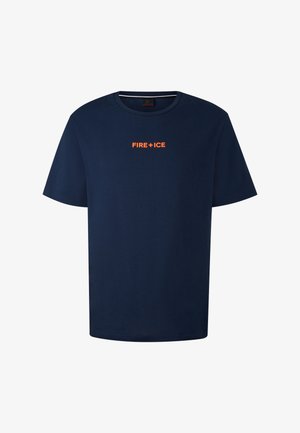 Námořnická modrá bavlněná tričko s krátkými rukávy. Na přední straně se nachází světlý oranžový potisk s textem "FIRE+ICE" a kulatým výstřihem.