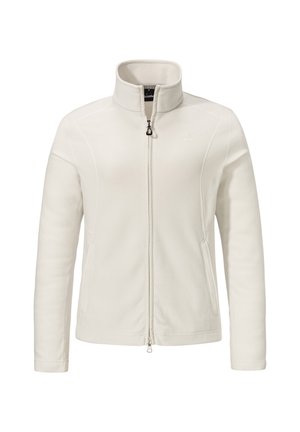 Weiße Fleecejacke mit hohem Kragen, durchgehendem Reißverschluss, Seitentaschen und subtilen Stickdetails. Weiche Textur mit glatter Oberfläche.