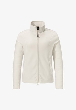 Weiße Fleecejacke mit hohem Kragen, durchgehendem Reißverschluss, Seitentaschen und subtilen Stickdetails. Weiche Textur mit glatter Oberfläche.