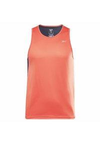 Oranžový sportovní tílko s kulatým výstřihem, bez rukávů a kontrastními tmavými bočními panely. Obsahuje tkaninu odolnou proti vlhkosti.