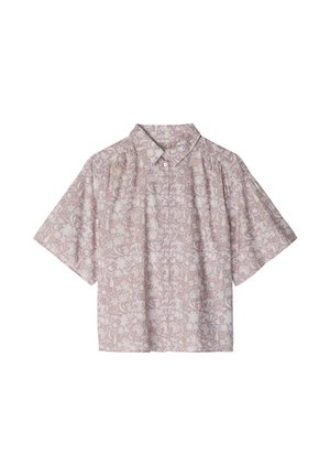 Lyse lilla kortærmet skjorte med knapper, hvidt blomsterprint og klassisk krave, løs pasform.