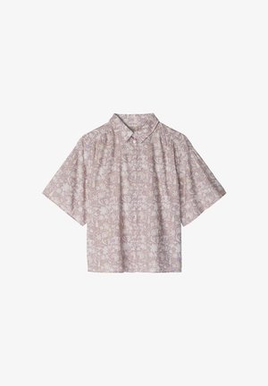 Camicia viola chiaro a maniche corte con bottoni, motivo floreale bianco e colletto classico, vestibilità larga.