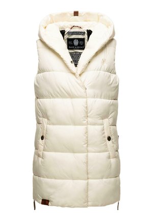 Kerman untuv vest, jossa on huppu, vuorattu muotoilu, kaksinkertaiset sivutaskut napilla ja logokoristelu helman lähellä.