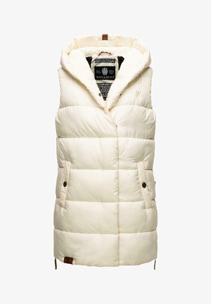 Kremfarget puffy vest med hette, med en quiltet design, doble sidelommer med knappe-lukking, og en logo-detajle nær sømmen.