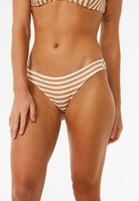 Stribet bikini bund i beige og hvid, med et lavtaljet design, smalle sider og en glat tekstur.
