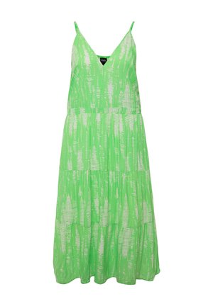 Zelené sluneční šaty s výstřihem do V, tenkými ramínky, vrstveným designem a bílým abstraktním vzorem. Vyrobené z lehkého materiálu s volným siluetou.