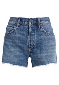 Denim shorts korkealla vyötäröllä, rispaantuneet reunat, kaksi etutaskua ja napitus. Kangas on keskisininen pesu, jossa on hienovarainen kuluminen.