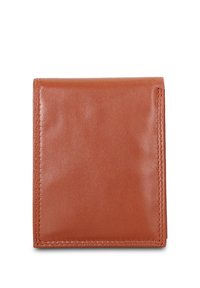 Bruine leren portemonnee met een gladde textuur, bi-fold ontwerp en zichtbare stiksels langs de randen. Compact vierkant formaat.