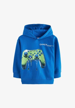 Sudadera azul con un gran gráfico de un controlador de videojuegos verde con un diseño goteante. Presenta capucha y mangas largas, fabricada en tela suave.