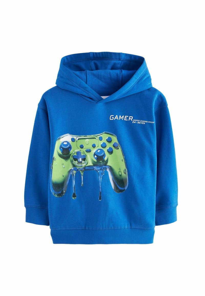 Haut à capuche bleu avec un grand graphique de manette de jeu verte au design dégoulinant. Doté d'une capuche et de manches longues, fabriqué à partir d'un tissu doux.