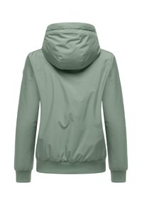 Zaļa kapuce ar gludu tekstūru, elastīgām aprocēm un apakšmalu, ar vienkāršu dizainu, kurā nav redzamu pārlikumu vai rakstu.