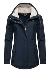 Tums zilas jaka ar pilnu rāvējslēdzēju, mīkstu flīsa oderi, regulējamu kapuci, sānu kabatām un metāla aksesuāriem. Gluda ārējā virsma.