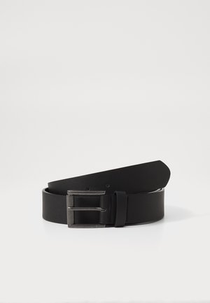 Black leather belt with a rectangular silver metal buckle, smooth texture, and five adjustment holes. The end is slightly rounded.