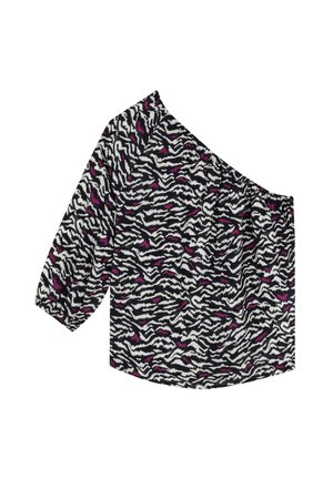Off-the-shoulder top van lichtgewicht stof. Zwart-wit zebra patroon met roze accenten. Heeft driekwartmouwen en een losse pasvorm.