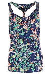 Floral sleeveless top in navy fabric, featuring a draped neckline and cut-out detail at the shoulders. Colors include pink, green, and white.