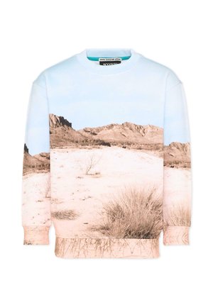 Felpa a maniche lunghe con stampa fotorealistica di un paesaggio desertico, con sabbia, cespugli secchi e montagne rocciose distanti sotto un cielo azzurro chiaro.