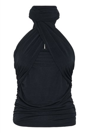 Fekete, puha anyagból készült pánt nélküli felső, csavart dizájnnal, a deréknál ráncolt részletekkel és magas nyakkivágással, amely hurkos végződéssel rendelkezik.