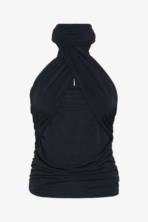 Fekete, puha anyagból készült pánt nélküli felső, csavart dizájnnal, a deréknál ráncolt részletekkel és magas nyakkivágással, amely hurkos végződéssel rendelkezik.