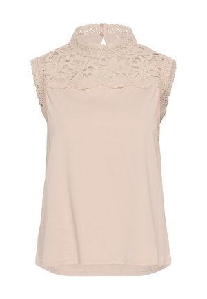 Svijetlosmeđa bezrukavna majica s visokim čipkastim ovratnikom i složenim cvjetnim uzorkom na vratu. Mekana tkanina, opušteni kroj, lagano zaobljenim rubom.