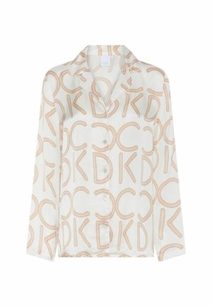 Long-sleeve shirt in soft fabric, featuring a repeating beige pattern of letters on a white background, with a classic collar and button closure.