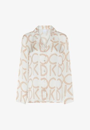 Pikad varrukad sätendavas kangas, millel on valge taustal korduv beežikirja muster, klassikalise krae ja nööbidingiga.