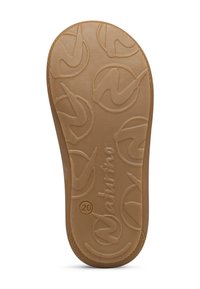 Sole di scarpa in gomma di colore marrone chiaro con una superficie testurizzata caratterizzata da un motivo circolare e bordi arrotondati, misura contrassegnata come "20."