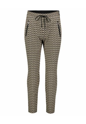 Gemusterte Slim-Fit-Hosen mit einem schwarz-cremefarbenen geometrischen Design, ausgestattet mit einem Kordelzugbund und seitlichen Reißverschlusstaschen.