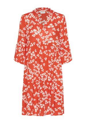 Red floral dress with three-quarter sleeves, v-neckline, and tiered skirt; features white flower patterns on lightweight fabric.
