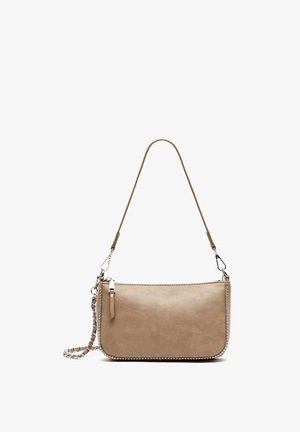 Beige faux leather shoulder bag with chain and strap, zip closure, rounded shape, adorned with silver-toned studs along the edges.