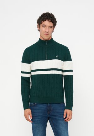 Homme portant un pull vert à torsades avec des rayures blanches horizontales et un col à fermeture éclair partielle, associé à un jean bleu, debout sur fond blanc.