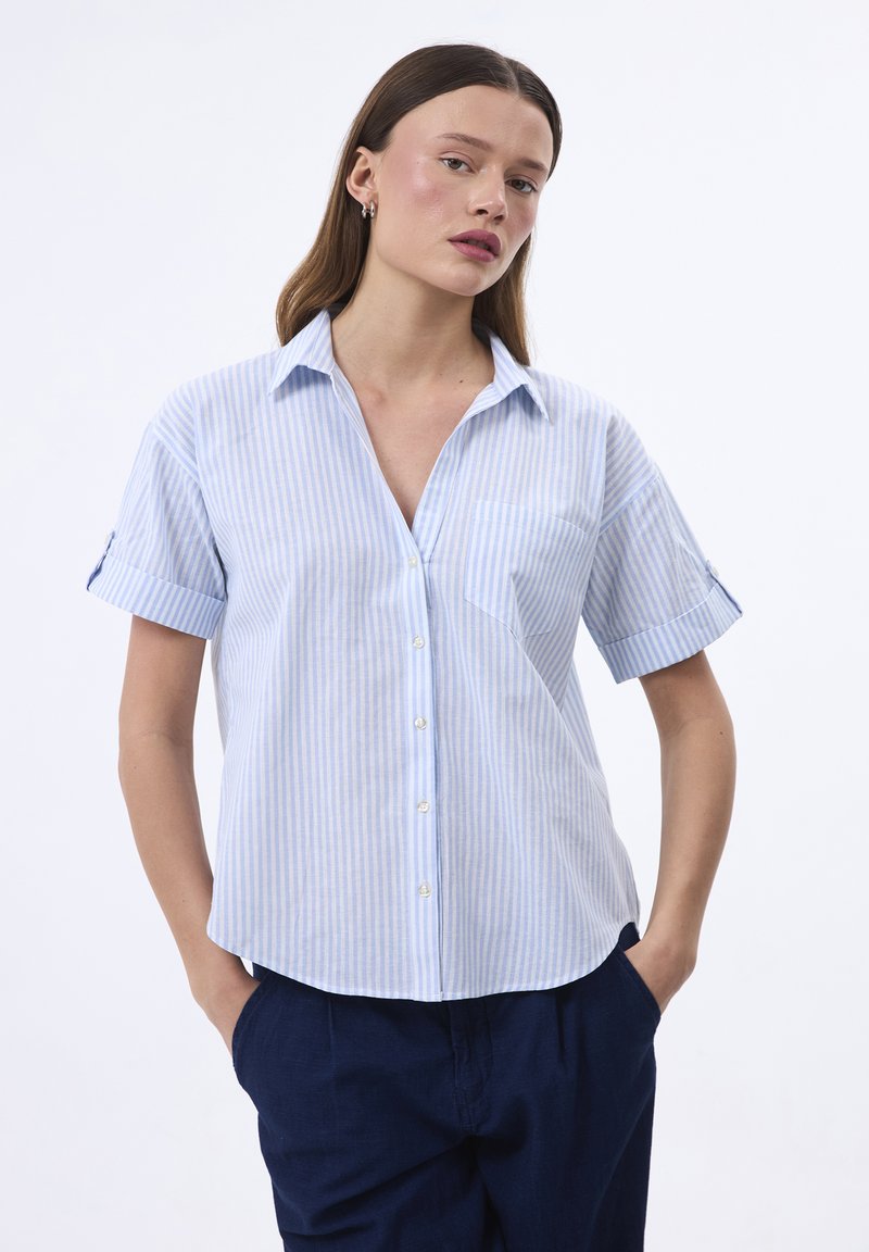 Camicia a maniche corte a righe blu e bianche con abbottonatura, colletto e taschino piccolo sul lato sinistro del petto. Tessuto di cotone liscio.