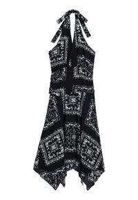 Schwarzes Halsbandkleid mit weißen Blumen- und Paisleymustern, asymmetrischem Saum und Bindebändern am Hals. Leichter Stoff.