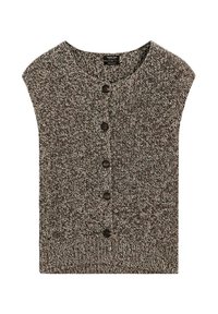Cardigan a maglia marrone con motivo mélange, maniche corte e cinque bottoni scuri sul davanti. Tessuto a costine all'orlo e al collo.