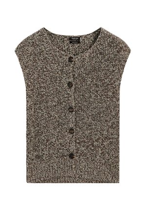 Gilet en tricot marbré brun à manches courtes avec cinq boutons foncés sur le devant. Texture côtelée à l'ourlet et au col.