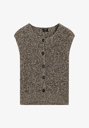 Brown marled knit cardigan with short sleeves and five dark buttons down the front. Ribbed texture at the hem and neckline.
