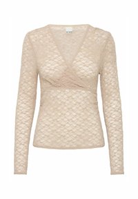 Beige Langarmoberteil aus Spitze mit Wickeldesign und V-Ausschnitt. Verfügt über einen gewellten Saum und ein filigranes Blumenmuster.