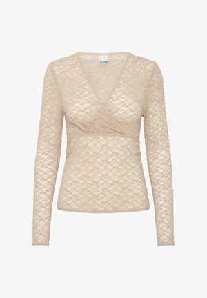 Bežinė ilgarankovė palaidinė, pagaminta iš nėrinių, su apvyniota iškirpte ir V formos iškirpte. Yra banginės briaunos ir sudėtingas gėlių raštas.