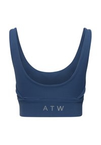 Mörkblå sportbh i slätt material. Har ett brett band med "ATW"-logotyp i ljusgrått. Rundad halsringning med breda axelband.