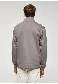 Gray sweatshirt with high collar, long sleeves, and ribbed cuffs. Soft texture, designed for a relaxed fit. No visible patterns or hardware.