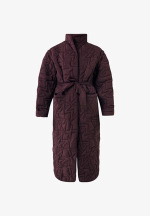 Long quilted dark purple coat with high collar, tie waist belt, long sleeves, and two front pockets, shown on white background.
