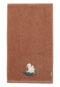 Brown cotton towel featuring a plush texture and a duckling embroidery in white, yellow, and blue, with a striped border.