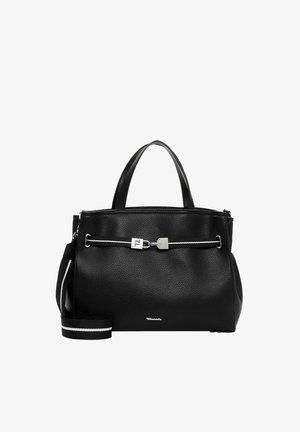 Sac à main en cuir noir texturé avec poignées supérieures, bandoulière amovible avec bande blanche, et détail de fermoir en métal argenté à l'avant.